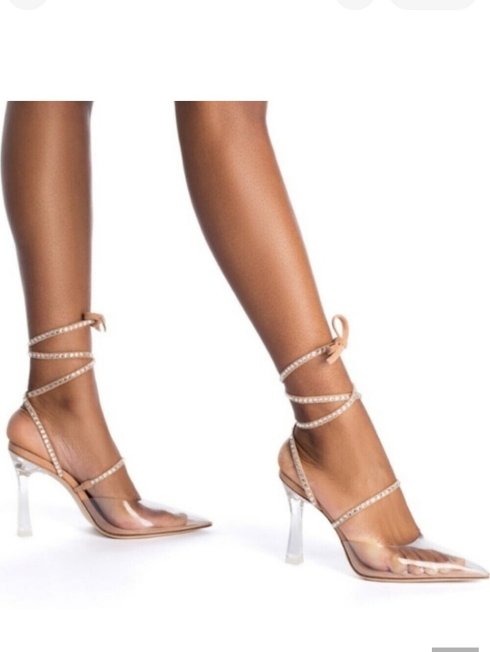Larroude The Kim Gemstone Lace-Up Pointed Toe Heels in Clear/Tan/Silver Sz 7 - Picture 3 of 11